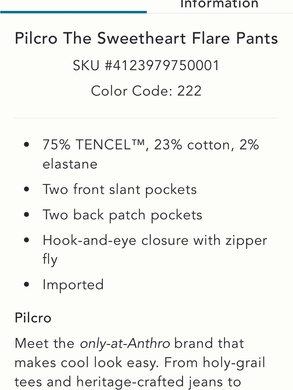 Pilcro The Sweetheart Flare Pants with Front Seam Detail Anthropologie Size 25 - Picture 5 of 6